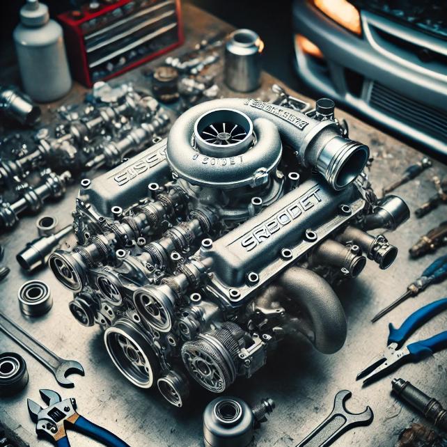 A Nissan SR20DET engine with a focus on the turbocharger, intercooler pipes, and the engine block