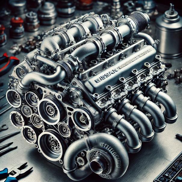 A close-up shot of a Nissan RB26DETT engine, showing its turbocharged components, engine block, and intricate parts like the intercooler pipes and interior