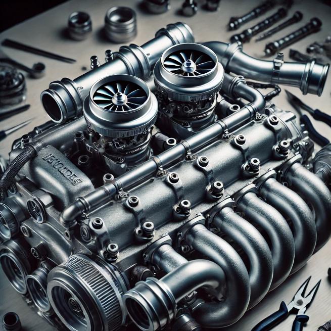 A close-up shot of a Toyota 2JZ engine, showing its detailed components like the twin turbos, intake manifold, and valve cover