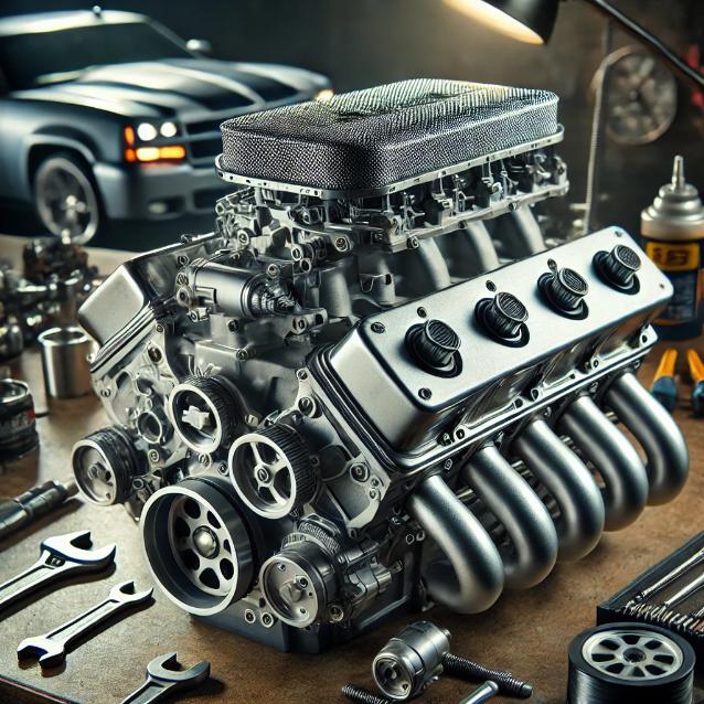 A high-performance Chevrolet LS1 engine, featuring the engine block, intake manifold, and throttle body